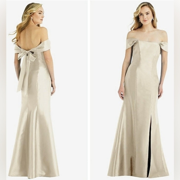 NWT Alfred Sung Champagne Off The Shoulder Bow Back Satin Trumpet Gown Sz   4 - Picture 1 of 13
